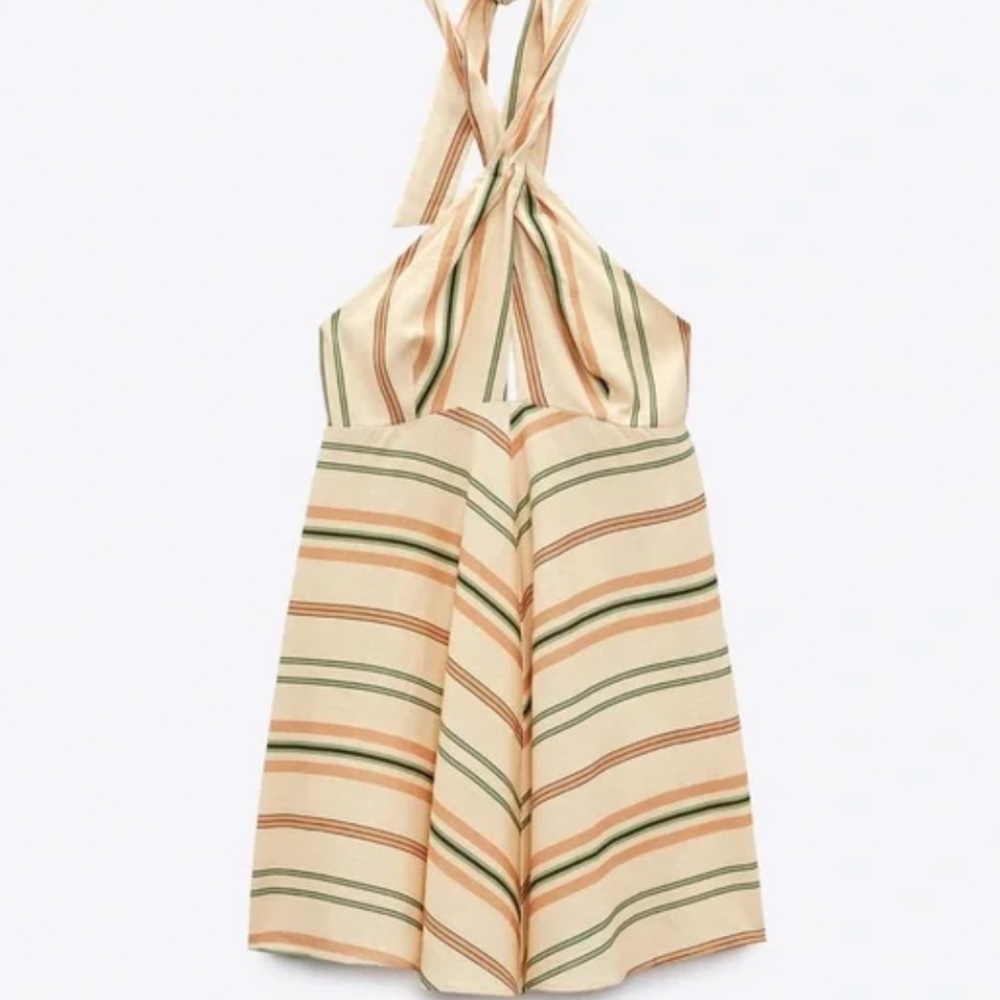 Zara Linen Blend Striped Wrap Halter Top Mini Dress Sz: XS